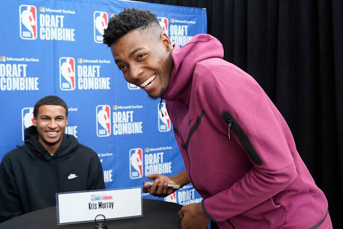 May 17, 2023; Chicago, Il, USA; Brandon Miller (Right) interviews Kris Murray during the 2023 NBA Draft Combine at Wintrust Arena. Mandatory Credit: David Banks-USA TODAY Sports